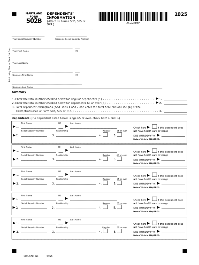 Maryland Form 502B Dependents&amp;#039; Information Tax Year Form 502B Attach to Forms 502, 505 or 515