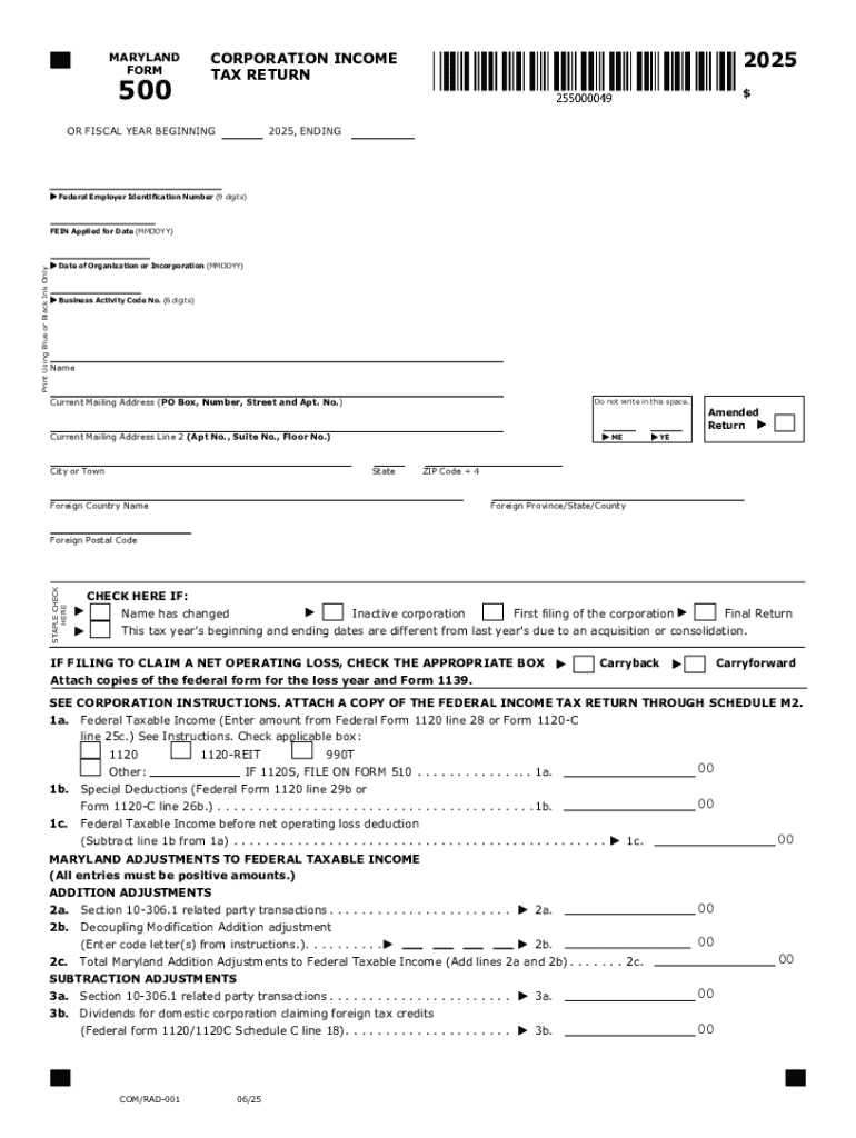 Maryland Form 500 Corporation Income Tax Return Tax Year Form 500
