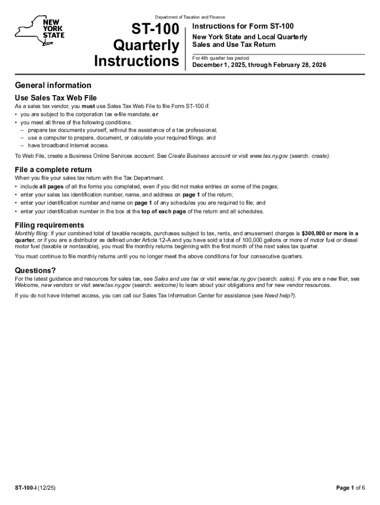 Instructions for Form ST 100 New York State and Local Quarterly Sales and Use Tax Return Revised 1225