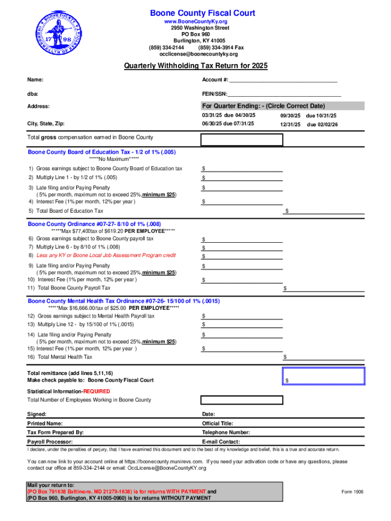 Boone County Quarterly Withholding Tax Return  Form