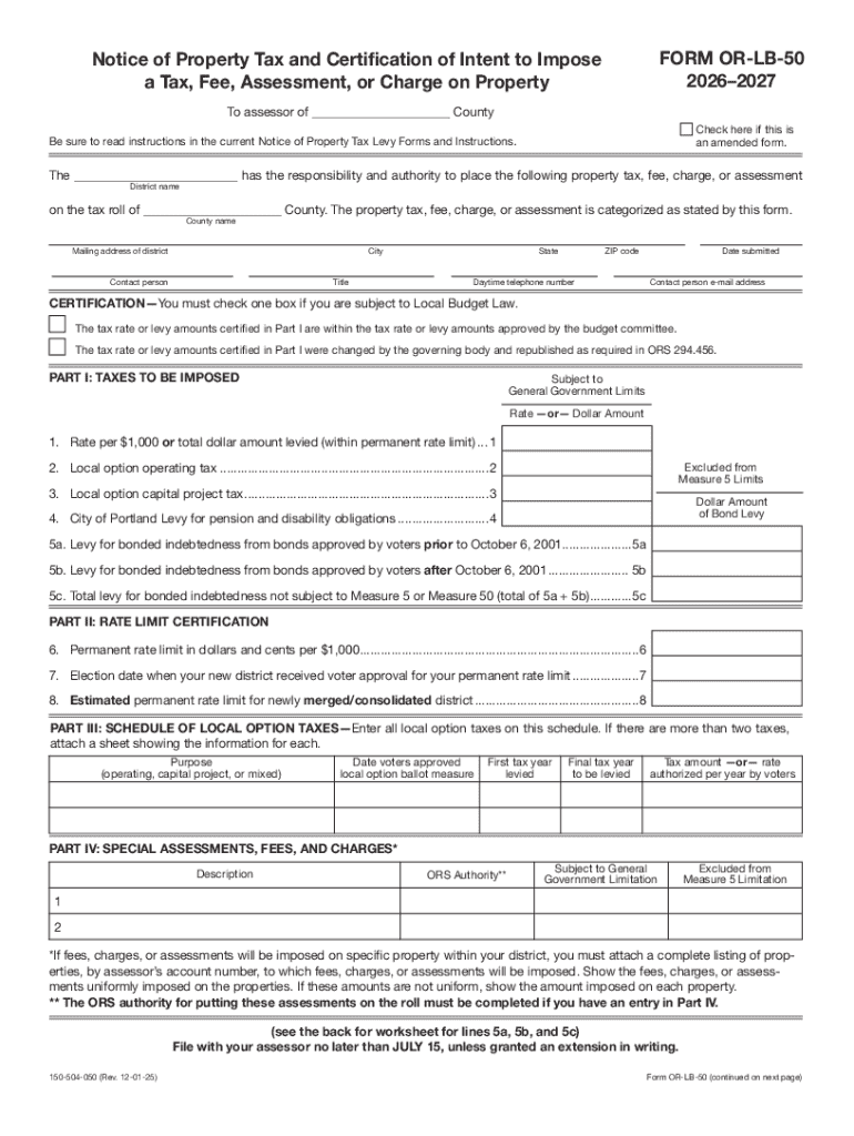 Form or LB 50, Notice of Property and Certification of Intent to Impose a Tax, Fee, Assessment, or Charge on Property, Local Bud