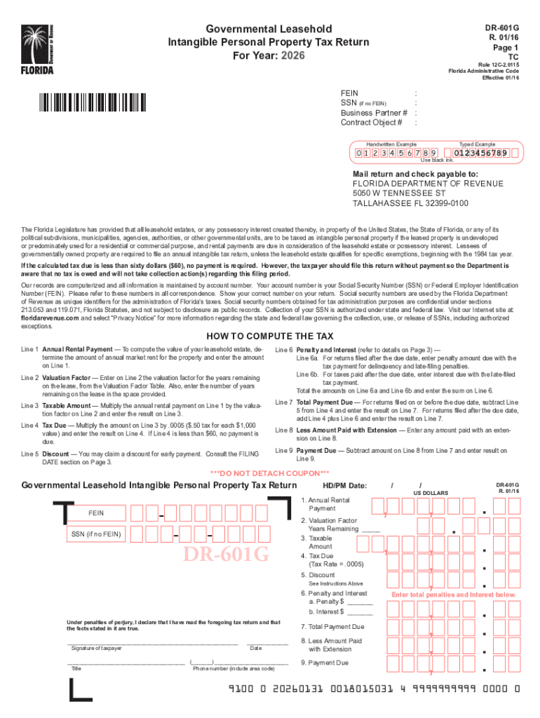 Florida Governmental Leasehold Intangible Personal Property Tax Return  Form