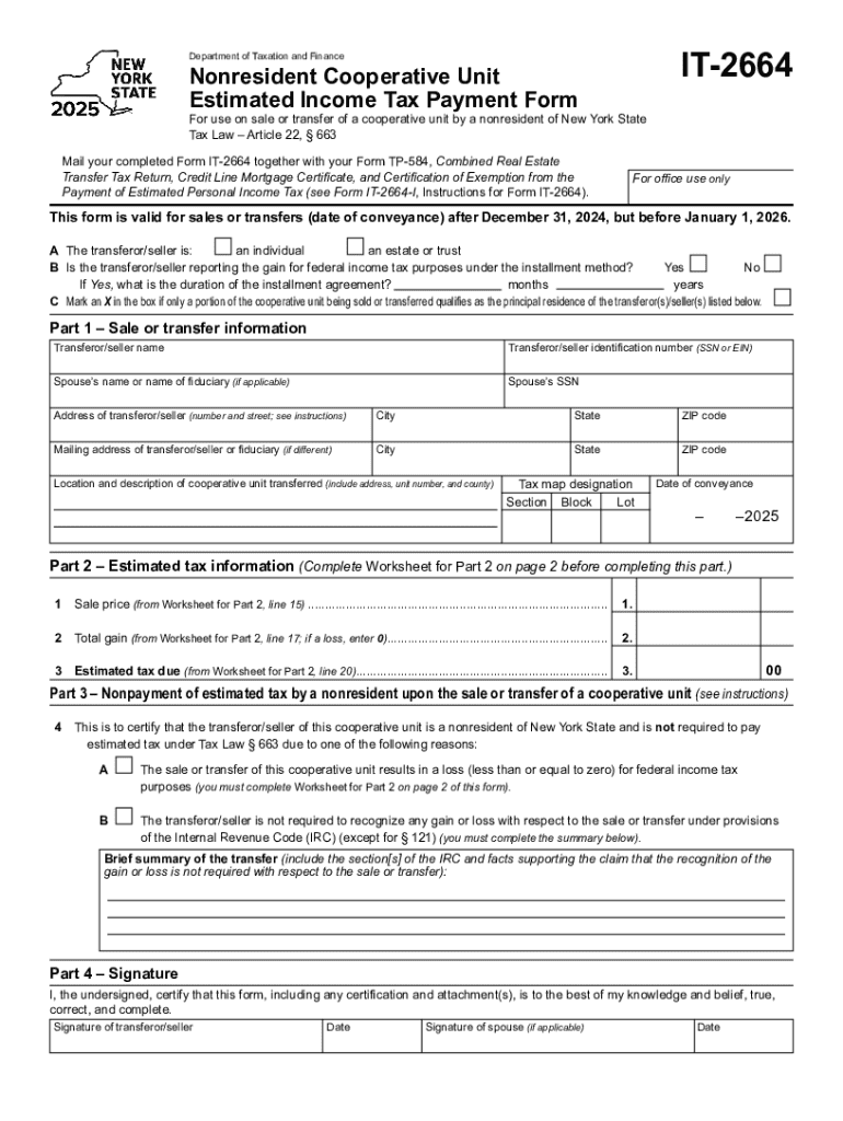 Form it 2664 Nonresident Cooperative Unit Estimated Income Tax Payment Form Tax Year