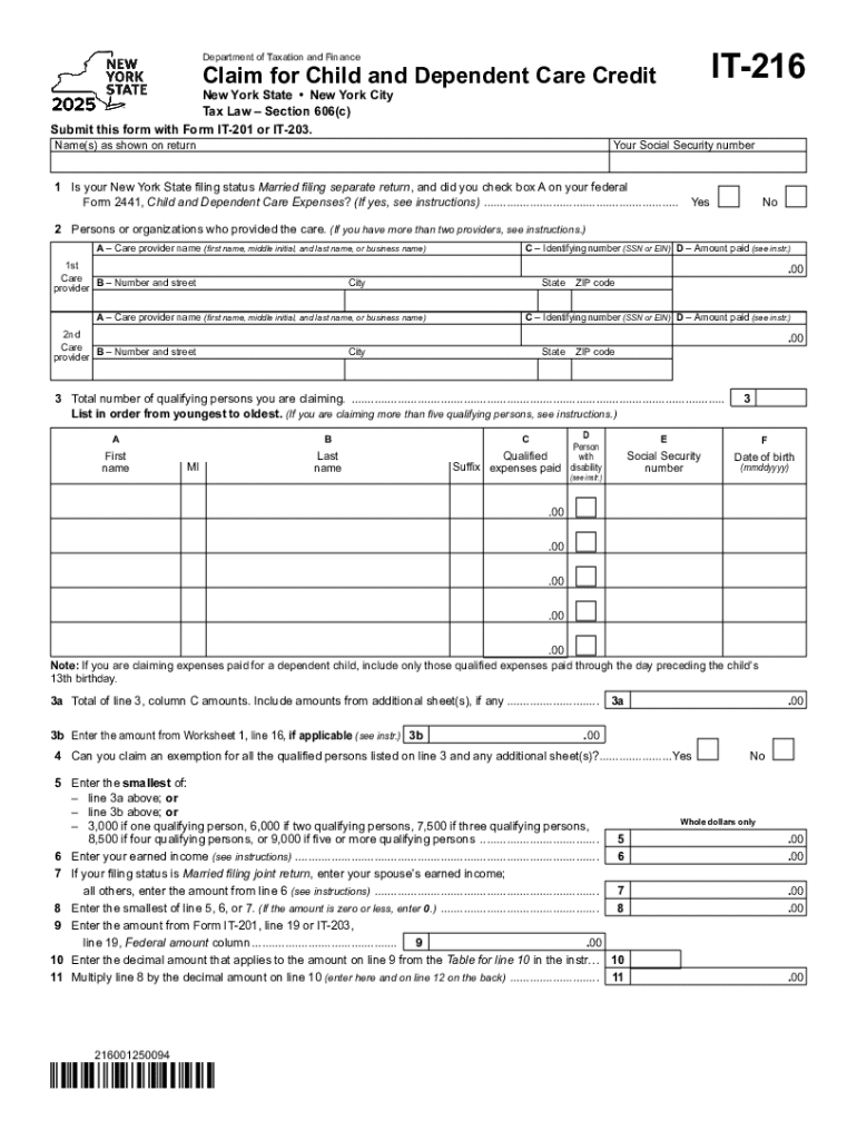 Form it 216 Claim for Child and Dependent Care Credit Tax Year