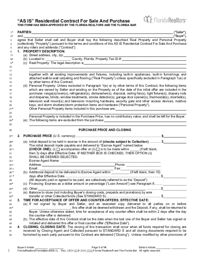 Florida as is Residential Contract for Sale and Purchase  Form