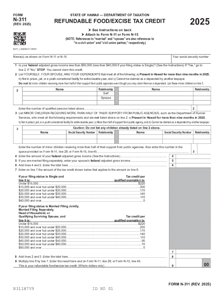 Hawaii Refundable FoodExcise Tax Credit Form N 311