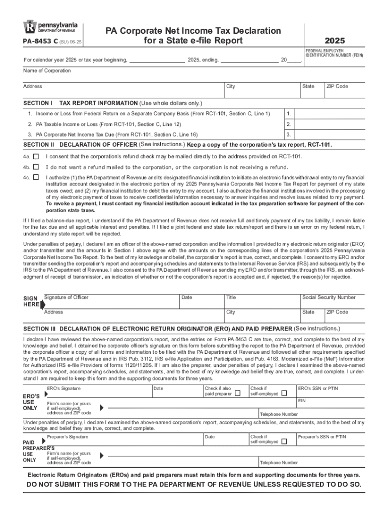 PA Corporate Net Income Tax Declaration Form PA 8453 C
