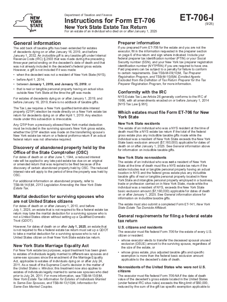  Form ET 706 New York State Estate Tax Return for an 2025-2026