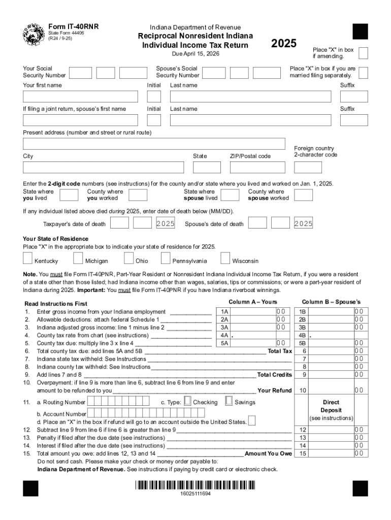Indiana Reciprocal Nonresident Individual Income Tax Return  Form