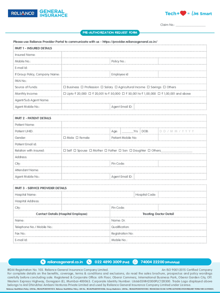 Reliance General Insurance Pre Authorization Request Form