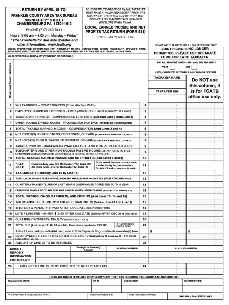 RETURN by APRIL 15 to FRANKLIN COUNTY AREA TAX BU  Form