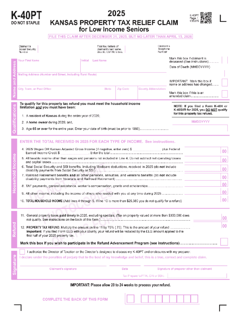 Kansas Property Tax Relief Claim for Low Income Seniors  Form