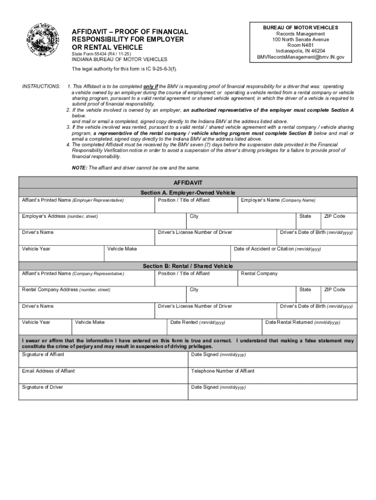 Indiana Affidavit Proof of Financial Responsibility  Form