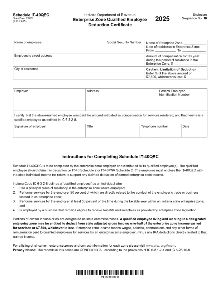 Indiana Enterprise Zone Qualified Employee Deduction Certificate  Form