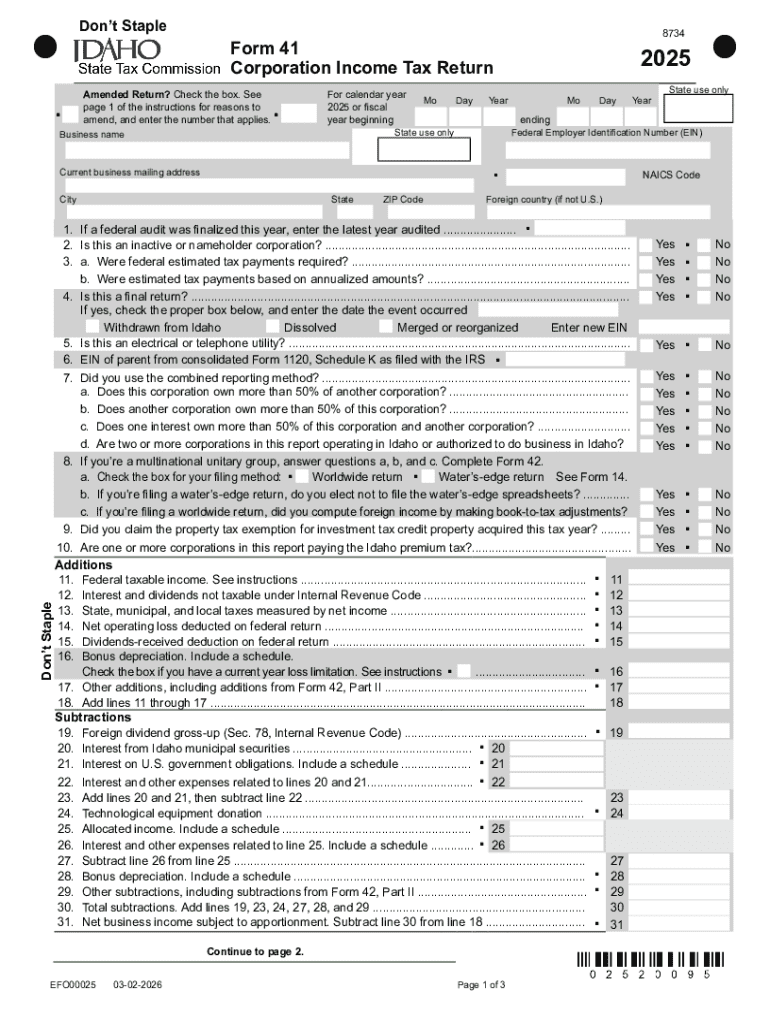Idaho Corporation Income Tax Return Form 41