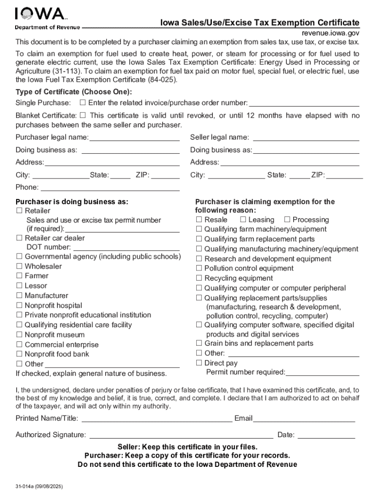 Iowa Sales Tax Exemption Certificate Instructions  Form