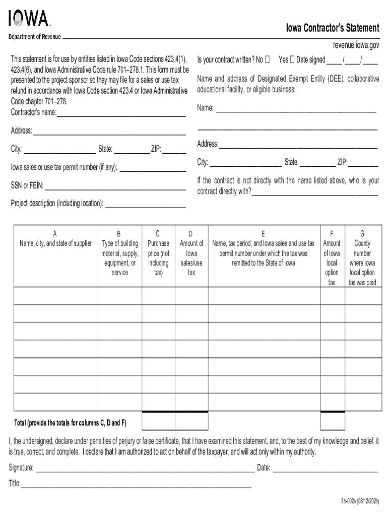 Iowa Contractors Statement Fill Out &amp;amp; Sign Online  Form