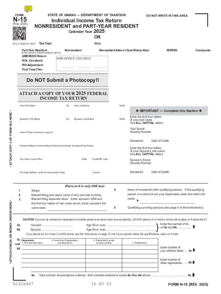 N 15 Rev NonResident and Part Year Resident Income Tax Return Forms Fillable