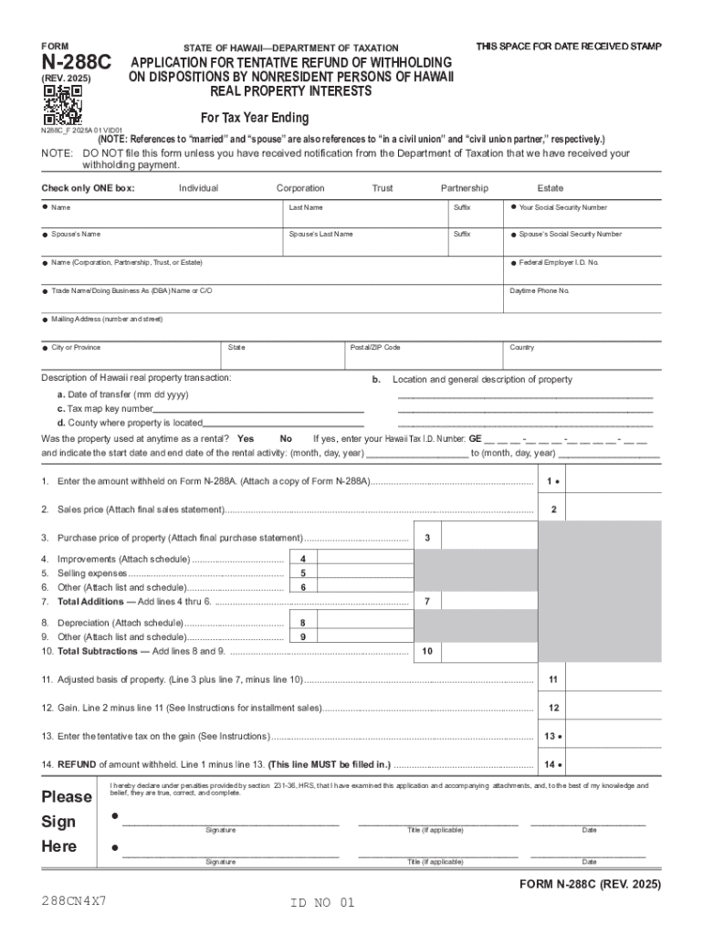 Form N 288C, Rev , Application for Tentative Refund of Withholding on Dispositions by Nonresident Persons of Hawaii Real Propert