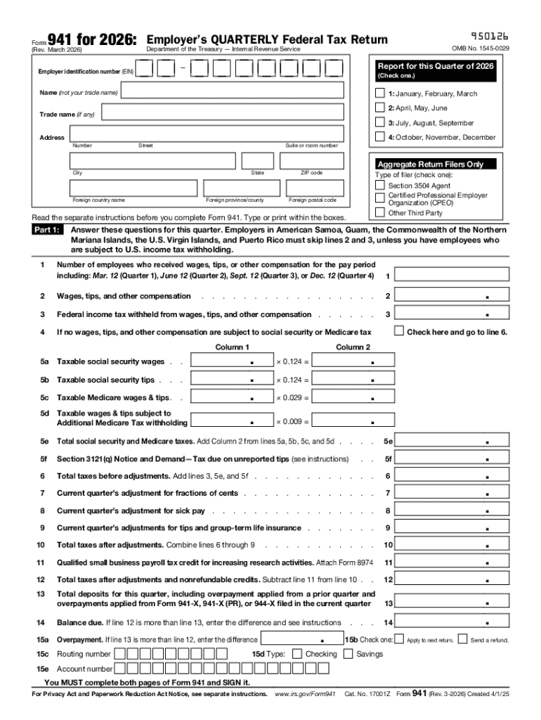  Form 941 Employer S Quarterly Federal Tax Return 2025