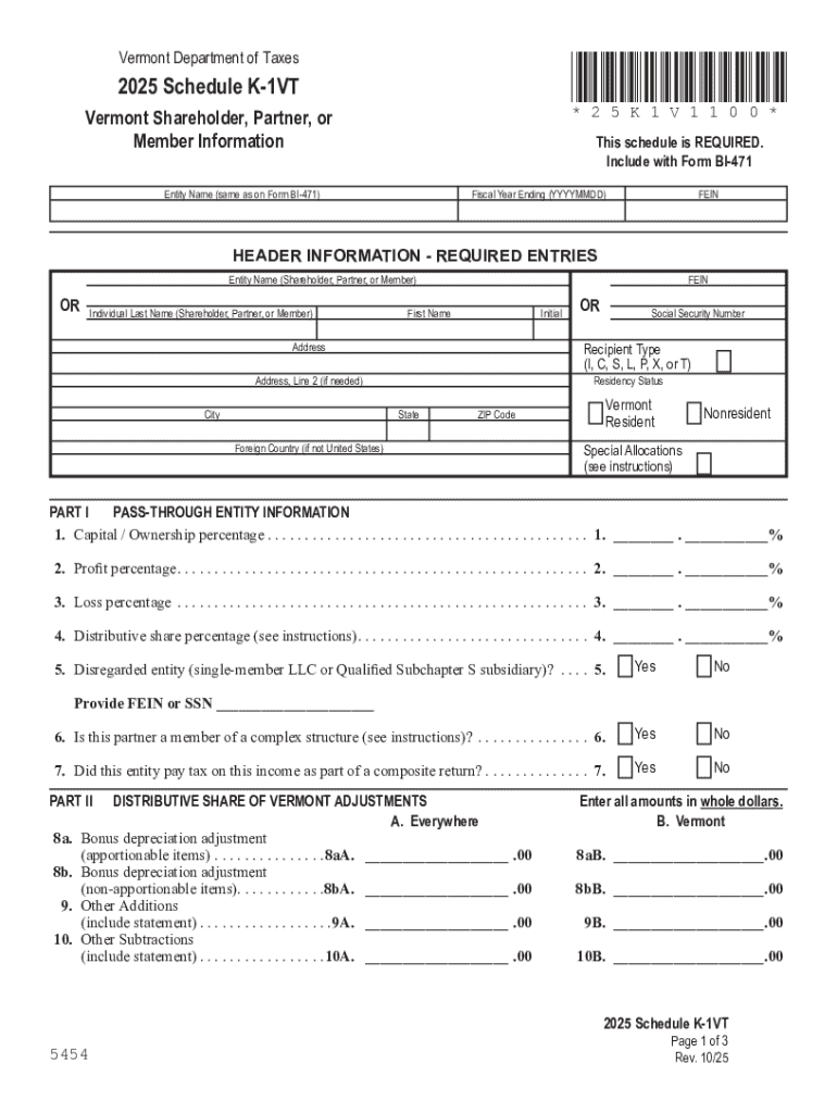  Schedule K 1 V T, Vermont Shareholder, Partner, or Member Information 2025-2026