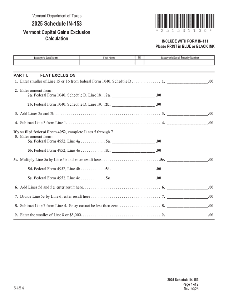  Schedule in 153, Vermont Capital Gains Exclusion Calculation 2025-2026