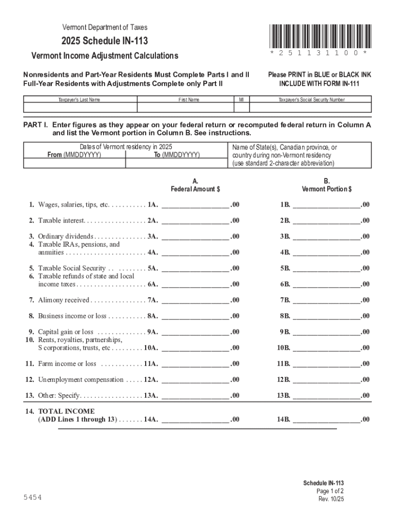  Schedule in 113, Vermont Income Adjustment Calculations 2025-2026