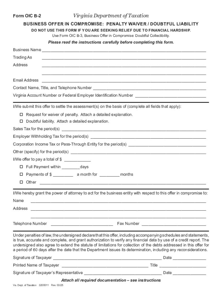  Form OIC B 2 Business Offer in Compromise Penalty WaiverDoubtful Liability 2025-2026
