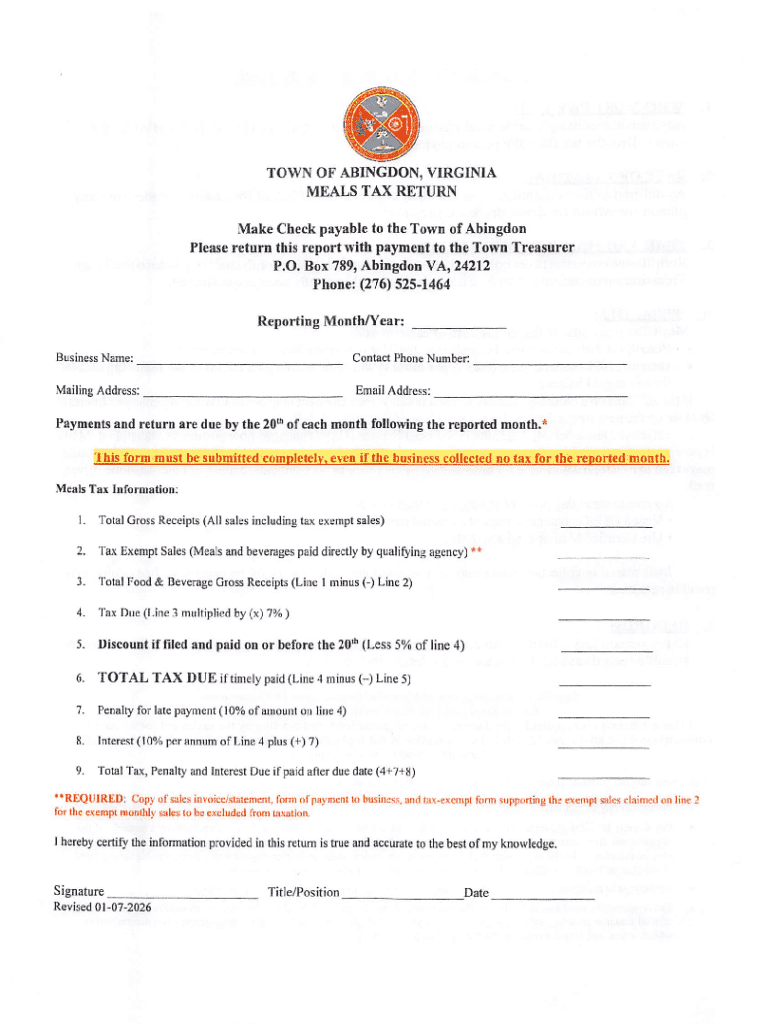  Virginia Meals Tax Return Form 2026