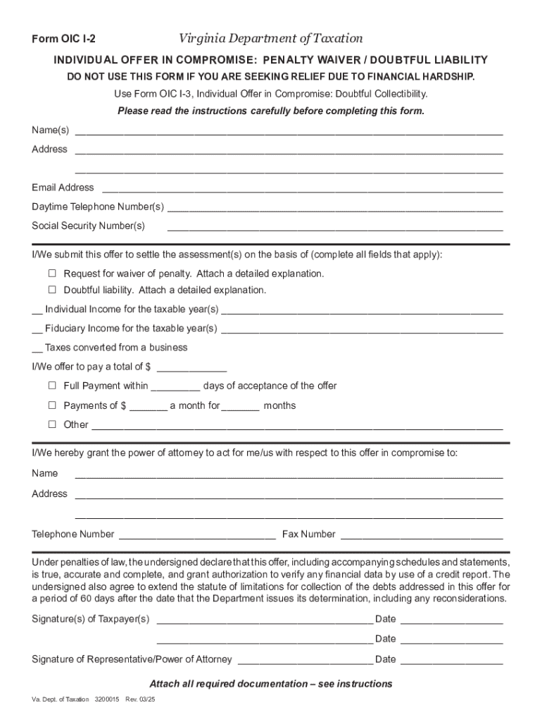  Form OIC I 2 Individual Offer in Compromise Penalty Waiver Doubtful Liability 2025-2026