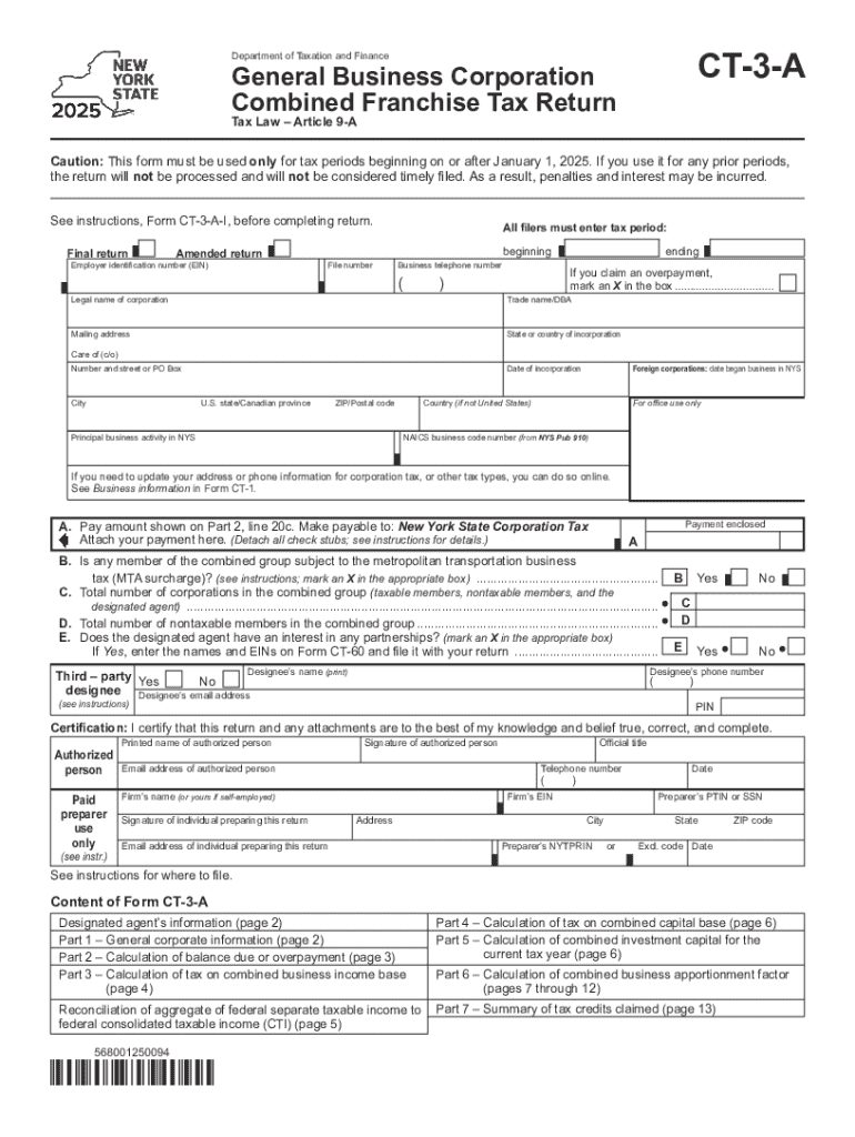  New York State CT 3 a Combined Franchise Tax Return 2025-2026