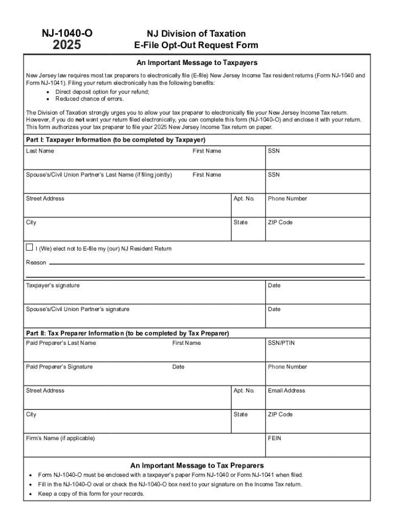 NJ 1040 O E File Opt Out Request Form