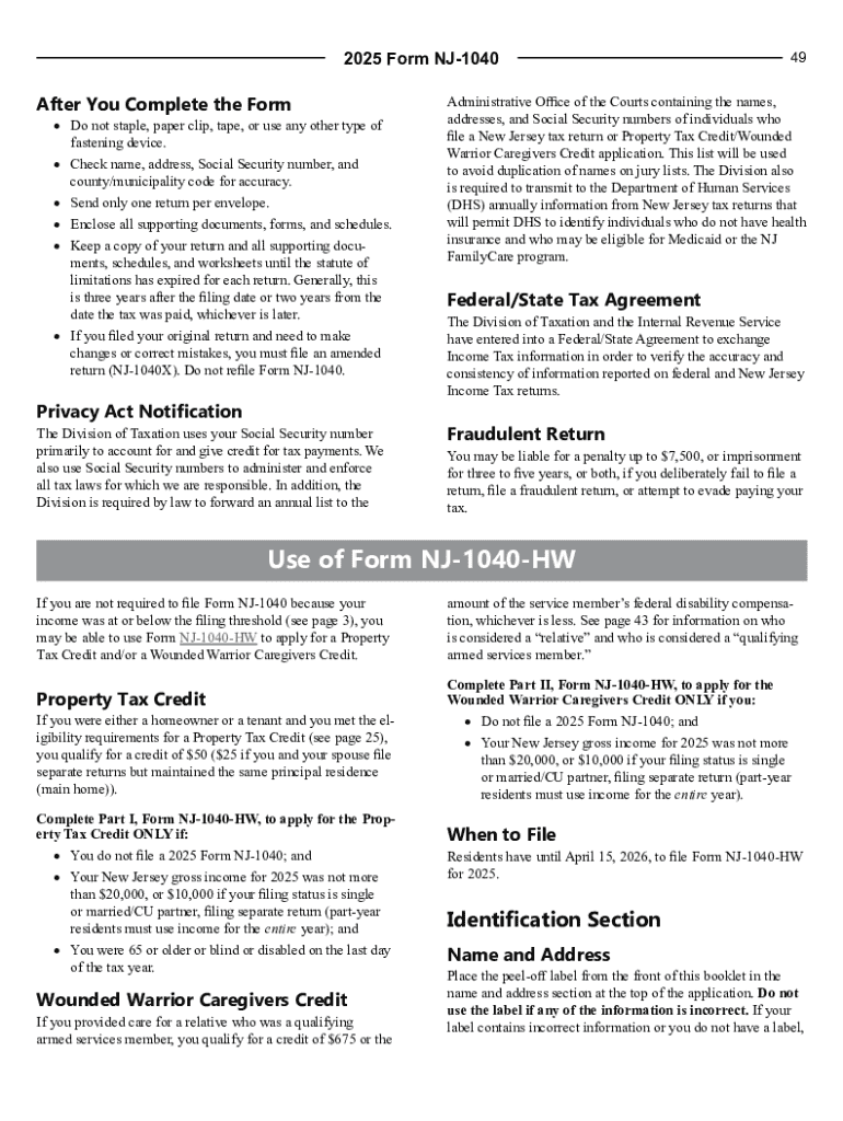 New Jersey Property Tax Credit Form NJ 1040 HW