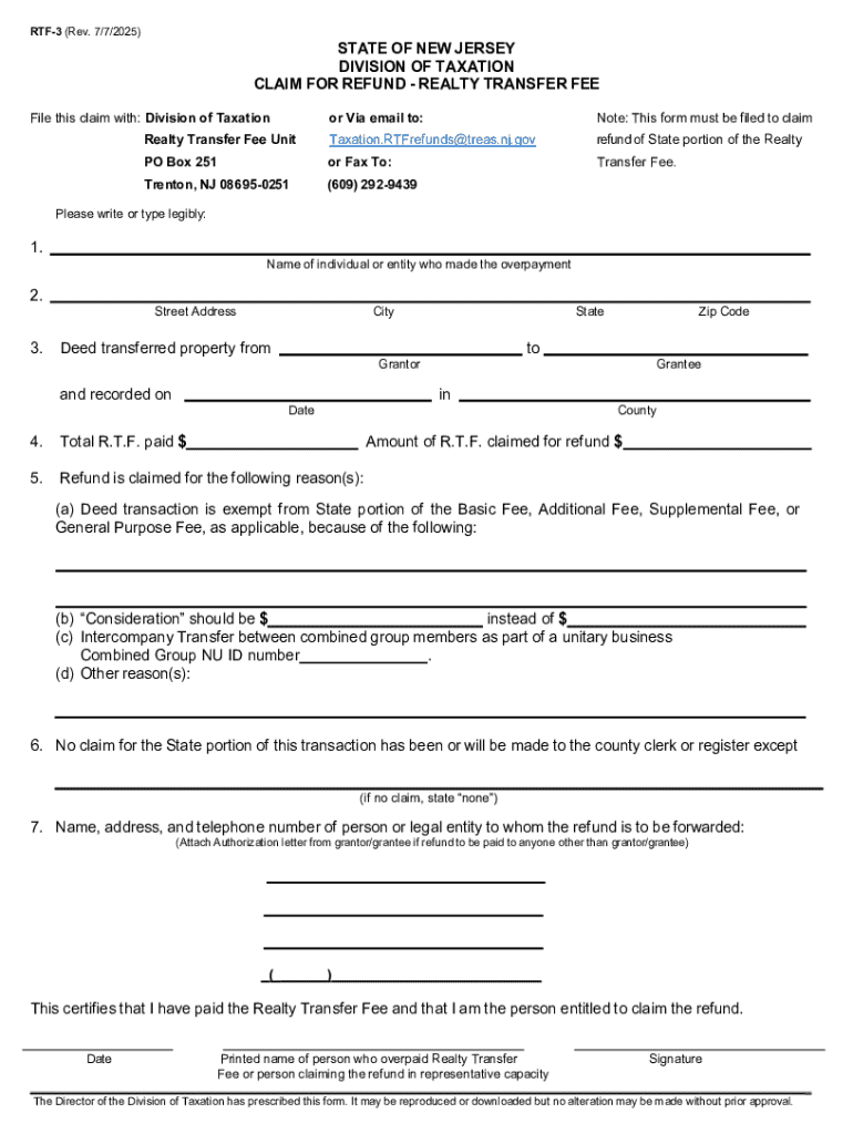 RTF 3 State of NJ Division of Taxation Claim for Refund Realty Transfer Fee  Form