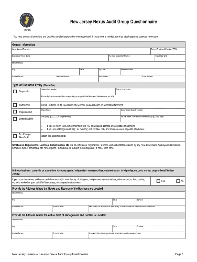 New Jersey Nexus Audit Group Questionnaire  Form