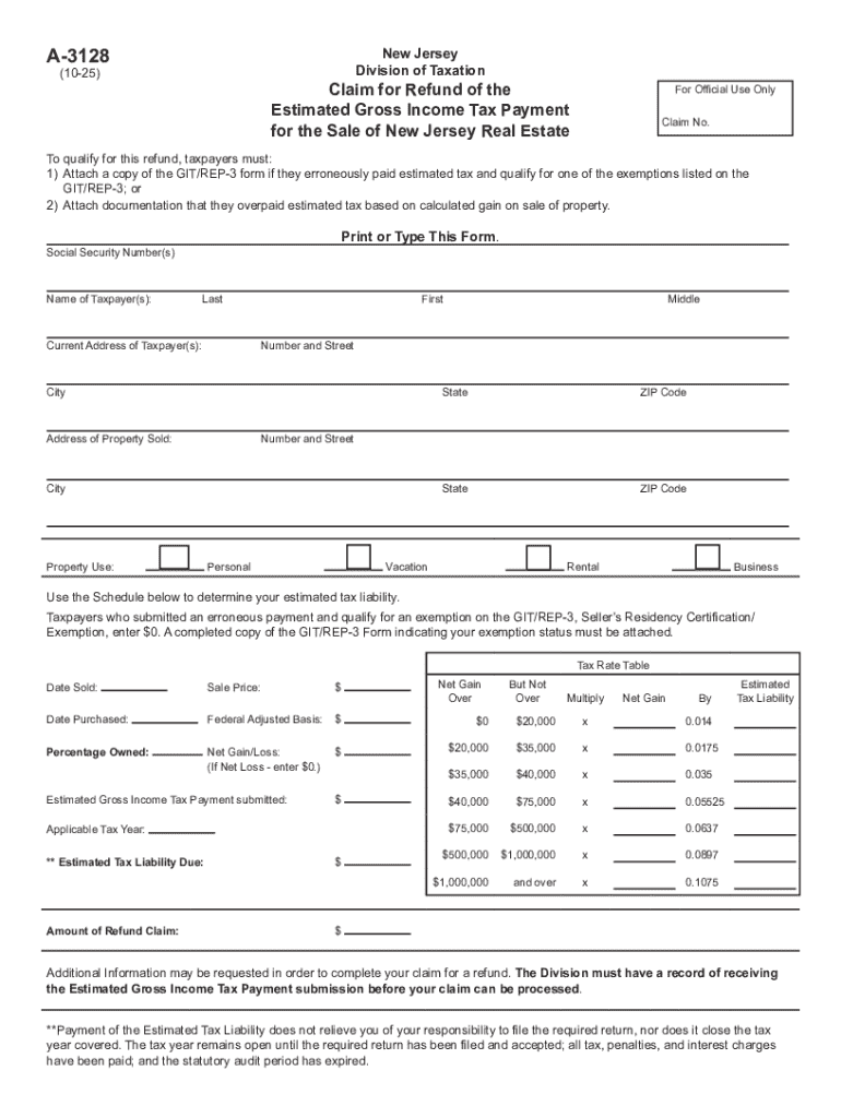 New Jersey Claim for Refund of Estimated Gross Income Tax Payment  Form