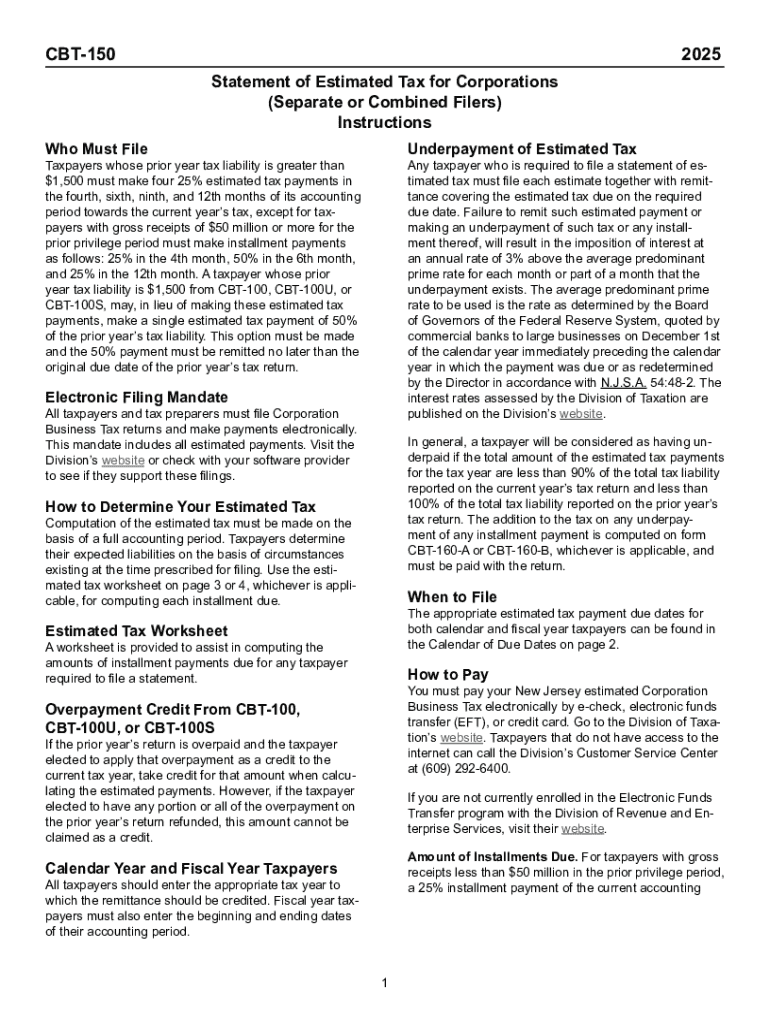 New Jersey CBT 150 Corporate Estimated Tax Form