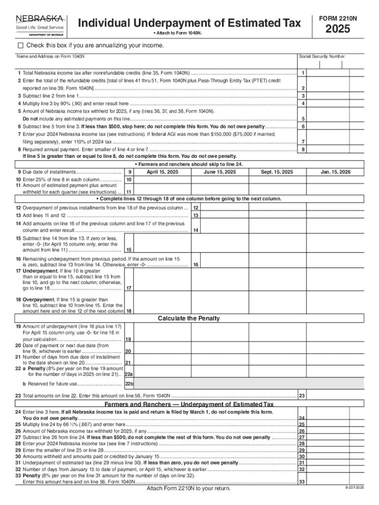 Nebraska Underpayment of Estimated Tax Form 2210N