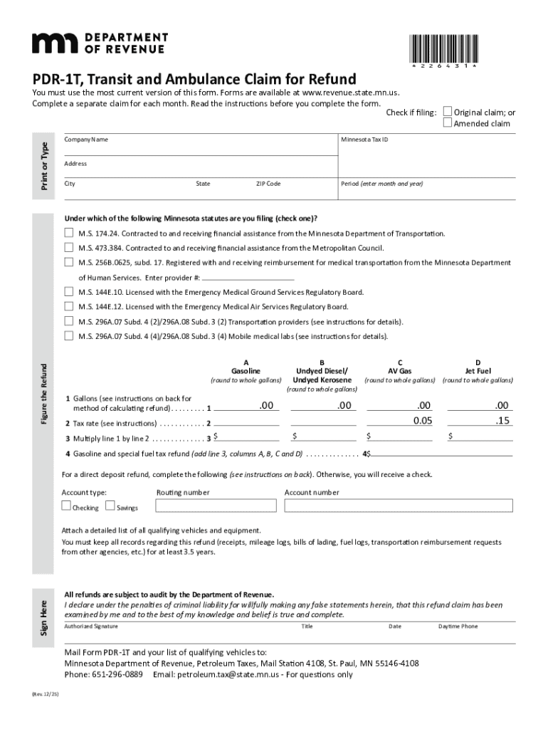 Minnesota Transit and Ambulance Claim for Refund  Form