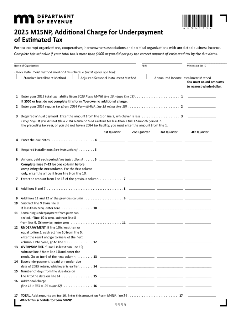 Minnesota M15NP Additional Charge for Underpayment of Estimated Tax  Form