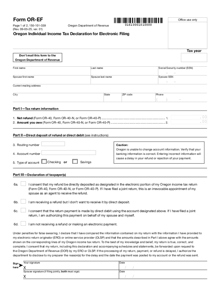 Form or EF, Oregon Individual Income Tax Declaration for Electronic Filing, 150 101 339