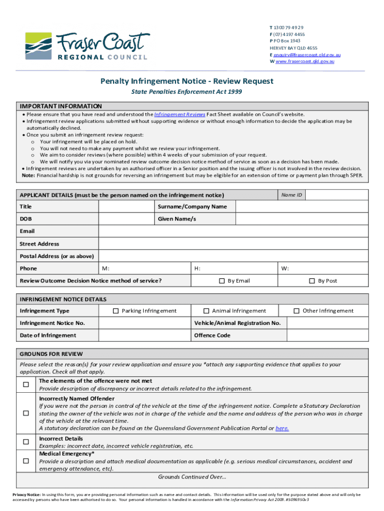 Penalty Infringement Notice Review Request  Form