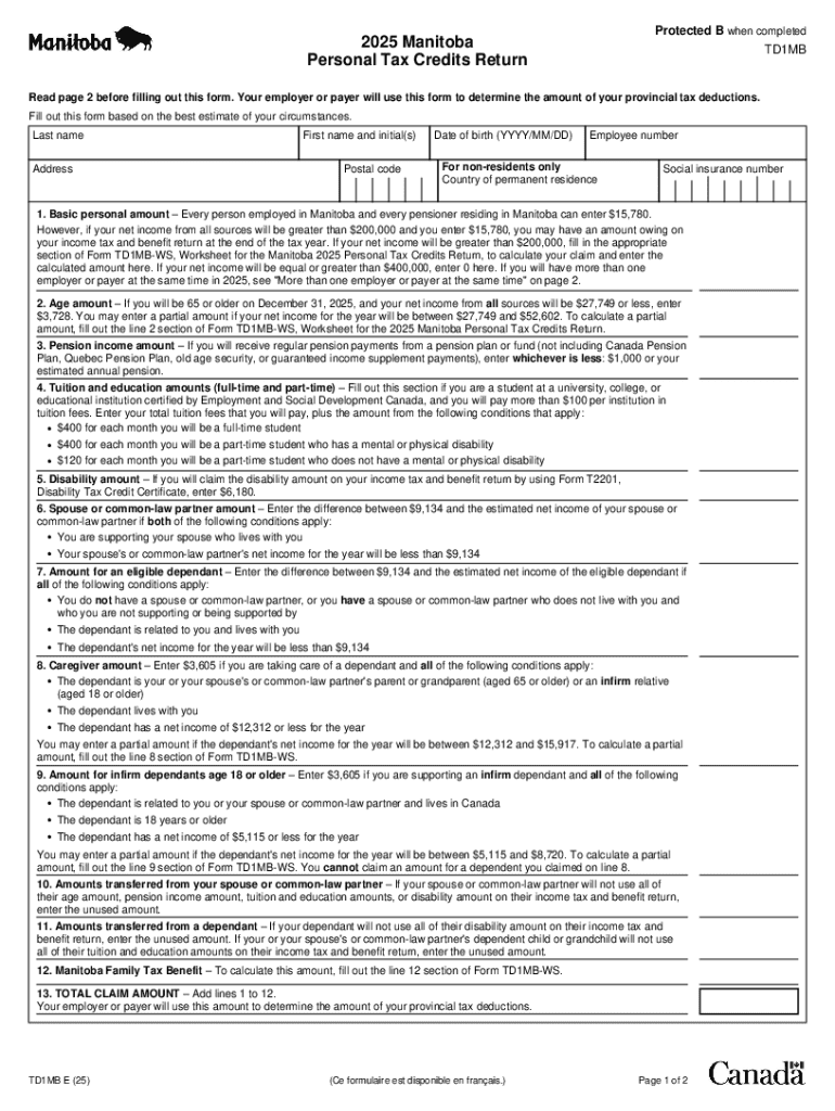 Manitoba TD1MB Personal Tax Credits Return  Form