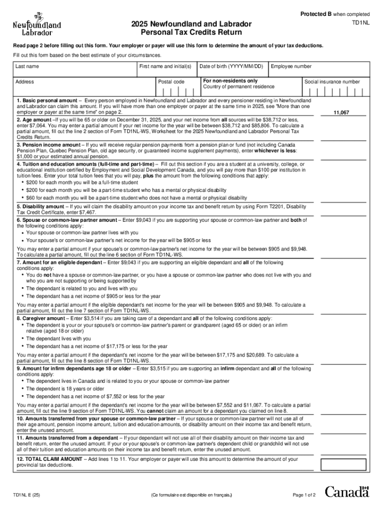 Newfoundland and Labrador TD1NL Personal Tax Credits Return  Form