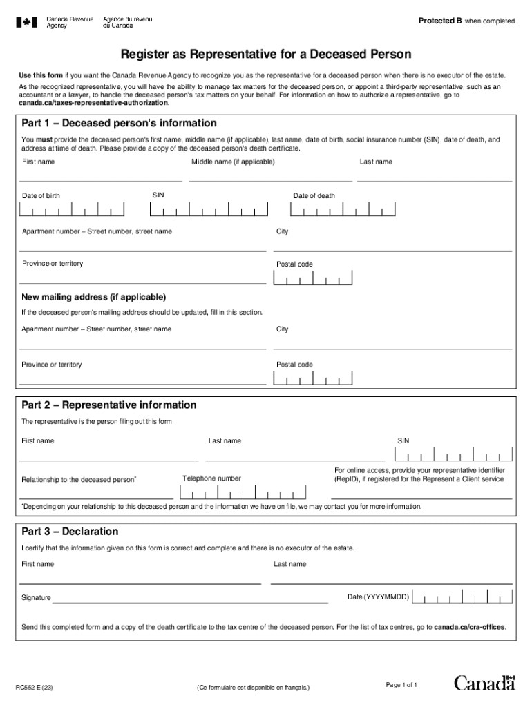 Canada Revenue Agency Representative Registration for Deceased Person  Form
