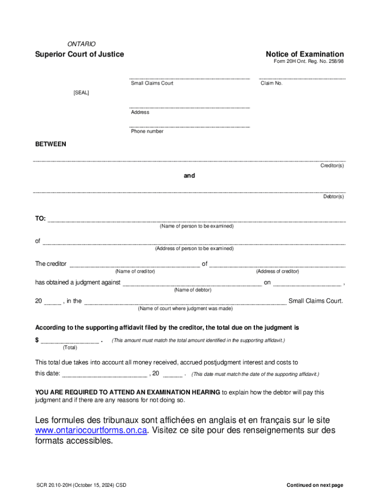 Ontario Small Claims Court Notice of Examination  Form