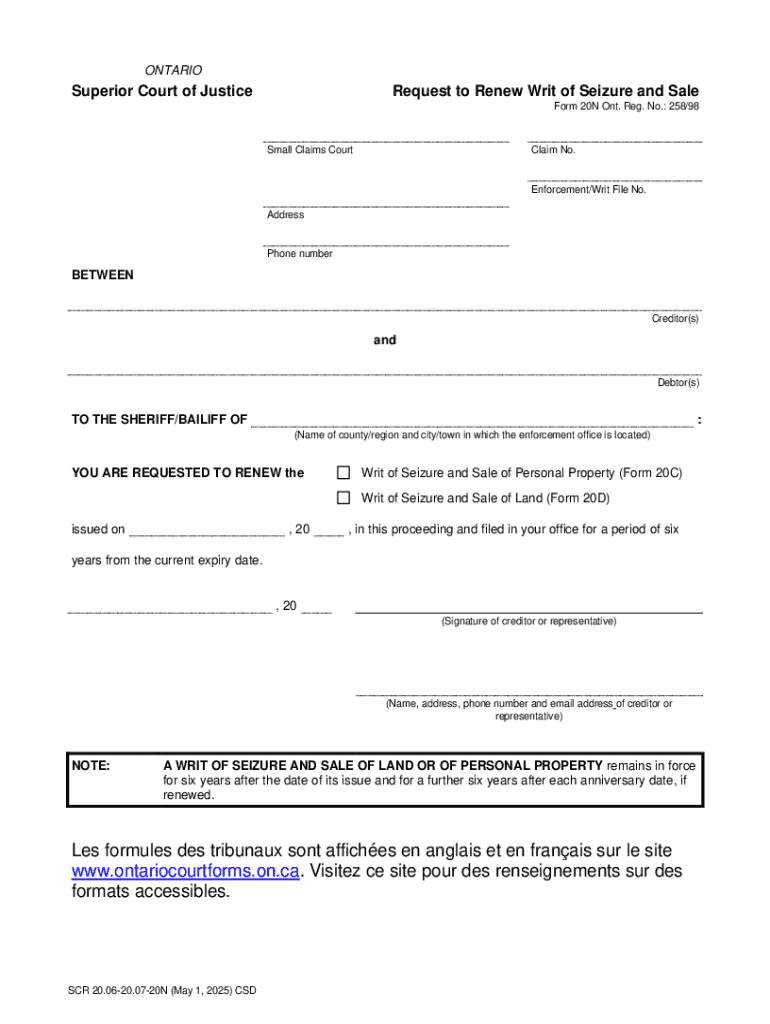Ontario Writ of Seizure and Sale Renewal Request  Form
