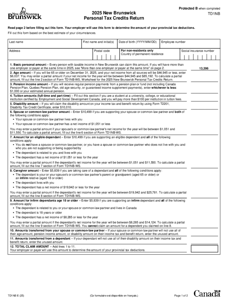 New Brunswick TD1NB Personal Tax Credits Return  Form