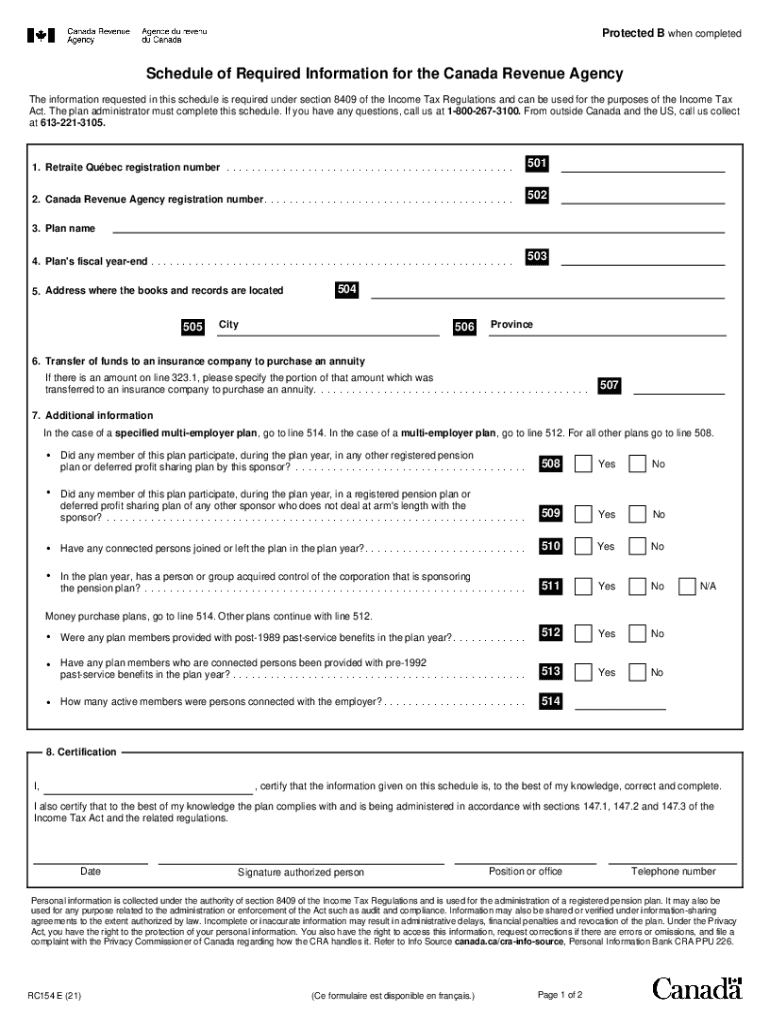 Canada Revenue Agency Schedule of Required Information