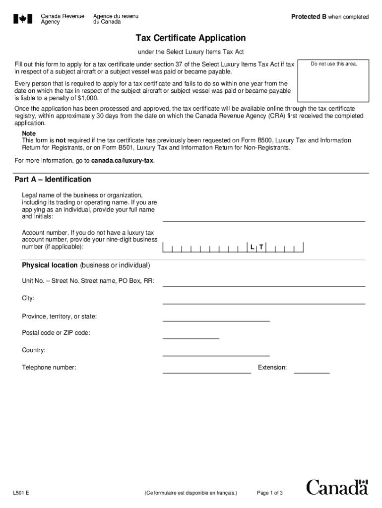 Canada Luxury Tax Certificate Application  Form